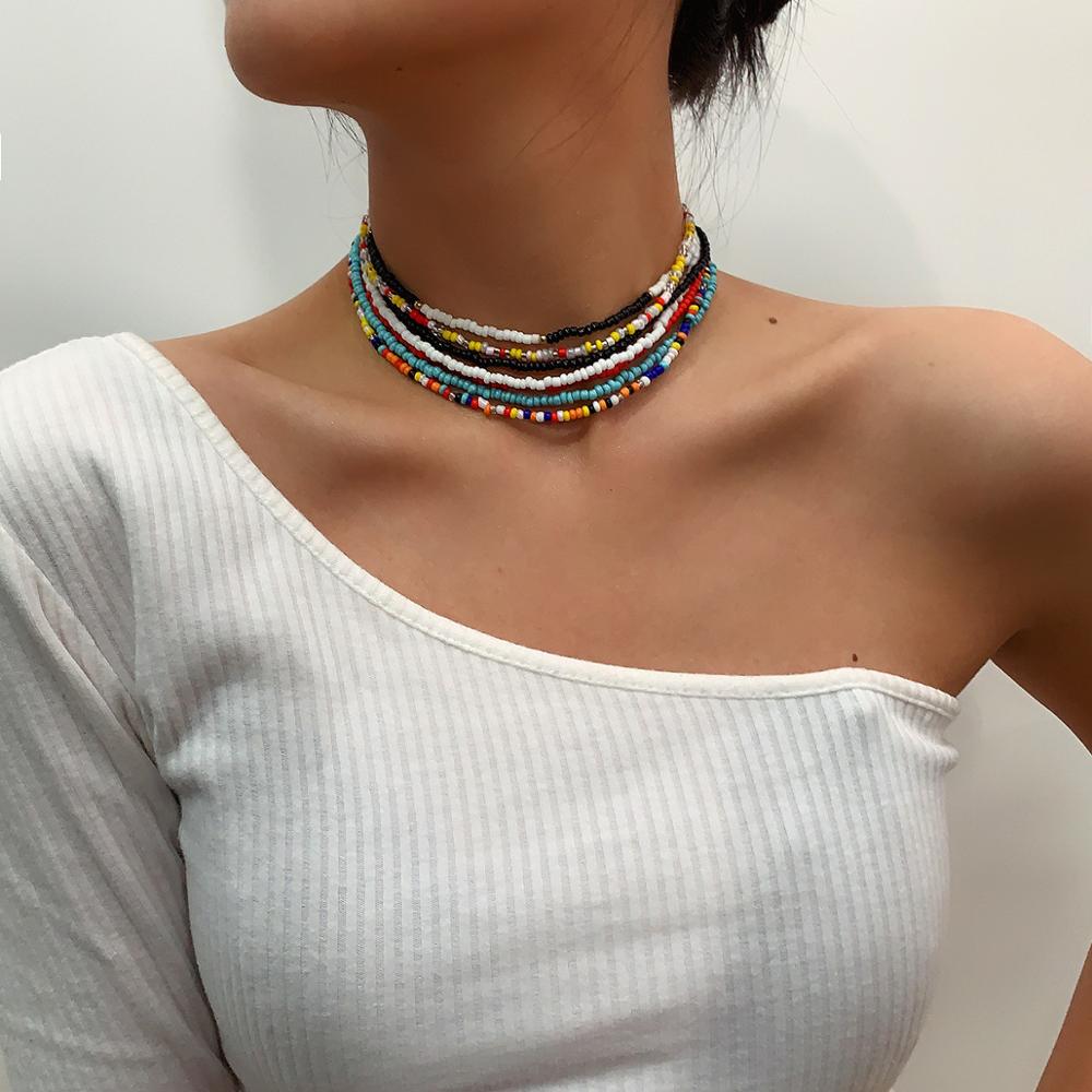 HangZhi 2022 7pcs/set Boho Colorful Resin Seeds Beads Necklaces Clavicle Choker Collars for Women Party Jewelry Fashion