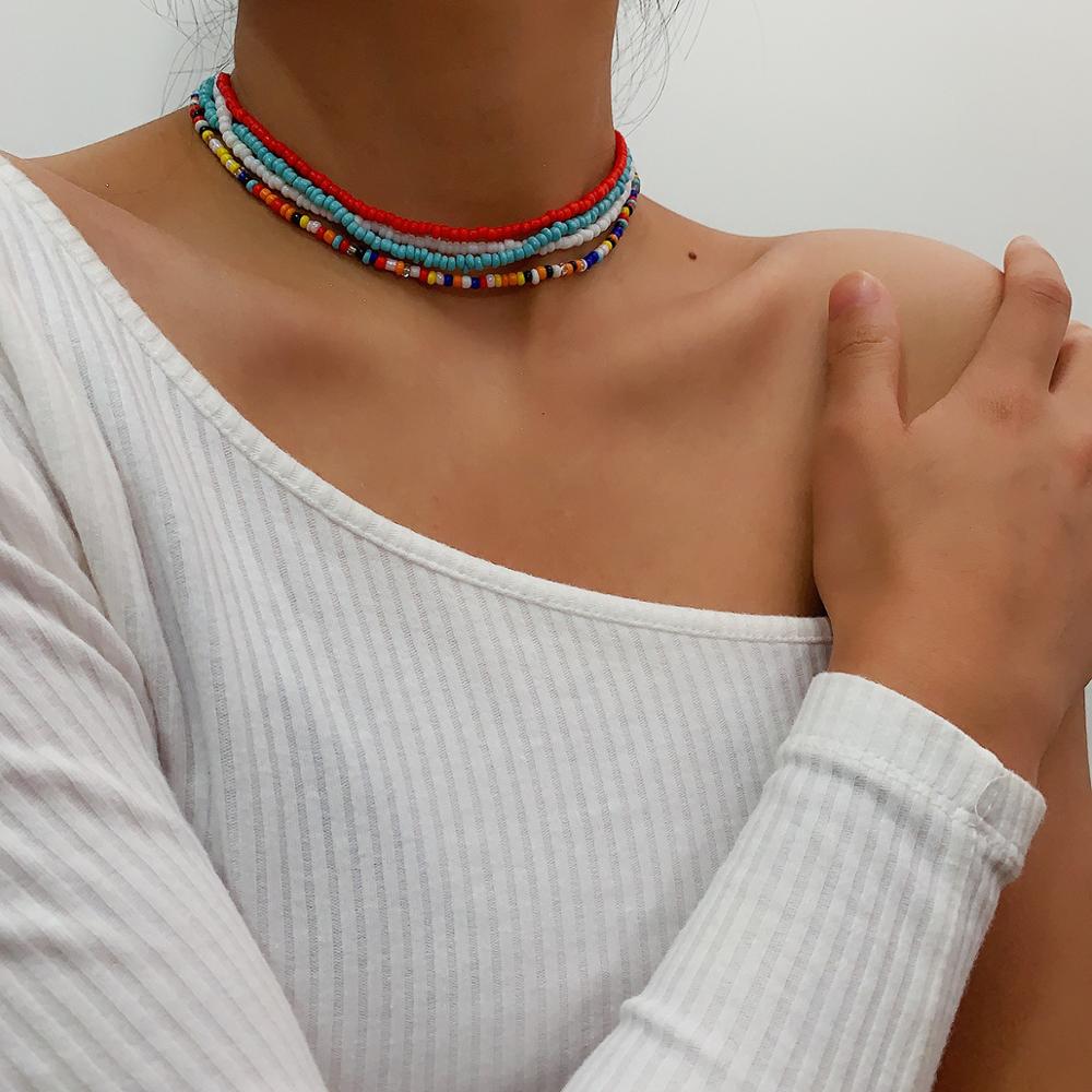 HangZhi 2022 7pcs/set Boho Colorful Resin Seeds Beads Necklaces Clavicle Choker Collars for Women Party Jewelry Fashion