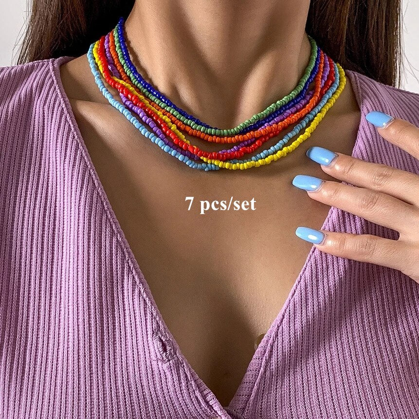 HangZhi 2022 7pcs/set Boho Colorful Resin Seeds Beads Necklaces Clavicle Choker Collars for Women Party Jewelry Fashion