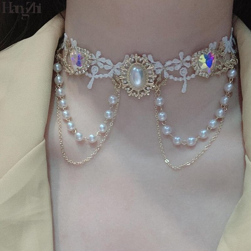 HangZhi 2021 Baroque Lolita Pearl White Lace Heart Rhinestones Double Layer Tassel Choker Necklace for Women Girls Jewelry