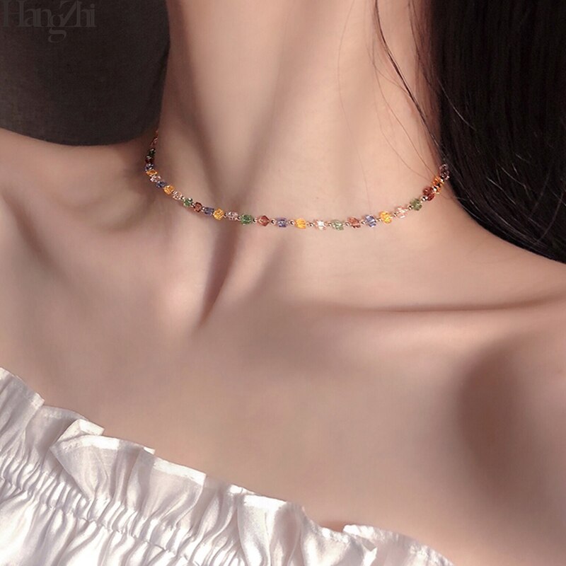 HangZhi 2021 Japan Korea Colorful Small Transparent Crystal Square Beaded Necklace Short Choker for Women Holiday Jewelry