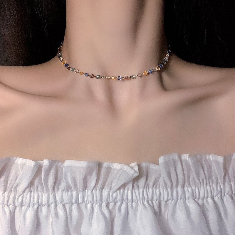 HangZhi 2021 Japan Korea Colorful Small Transparent Crystal Square Beaded Necklace Short Choker for Women Holiday Jewelry