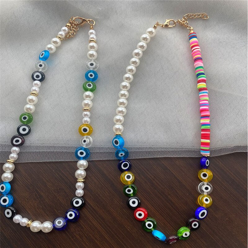 HangZhi 2021 Colorful Devil Eye Glaze Soft Pottery Pearl Resin Choker Necklace for Women Girls Party Jewelry
