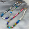 HangZhi 2021 Colorful Devil Eye Glaze Soft Pottery Pearl Resin Choker Necklace for Women Girls Party Jewelry