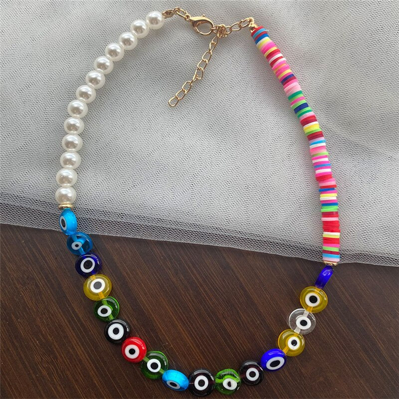 HangZhi 2021 Colorful Devil Eye Glaze Soft Pottery Pearl Resin Choker Necklace for Women Girls Party Jewelry