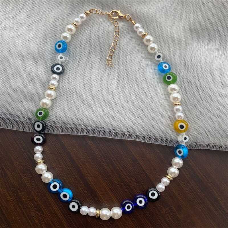 HangZhi 2021 Colorful Devil Eye Glaze Soft Pottery Pearl Resin Choker Necklace for Women Girls Party Jewelry