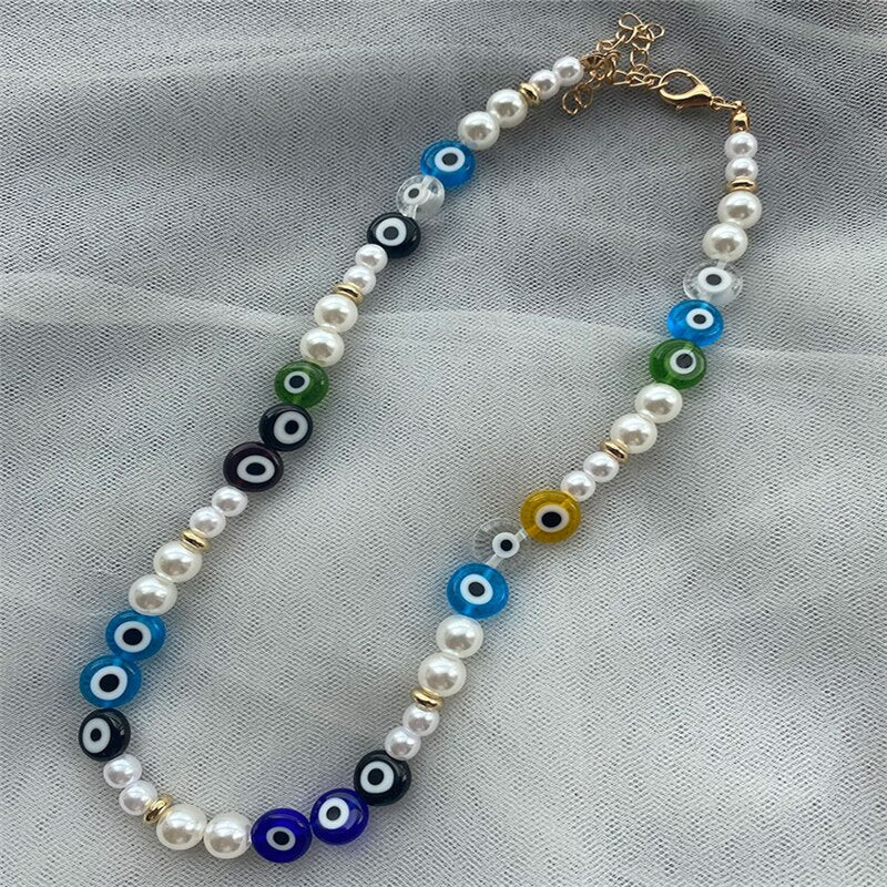 HangZhi 2021 Colorful Devil Eye Glaze Soft Pottery Pearl Resin Choker Necklace for Women Girls Party Jewelry