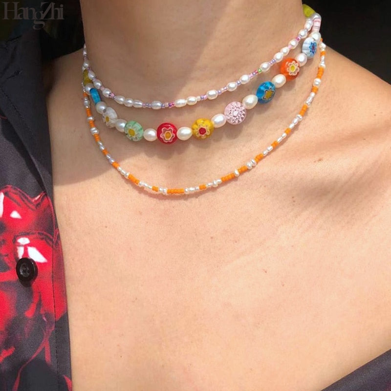 HangZhi 2021 Colorful Enamel Daisy Flower Beads Pearl Necklace Stacking Choker Necklace for Women Girls Boho Jewelry