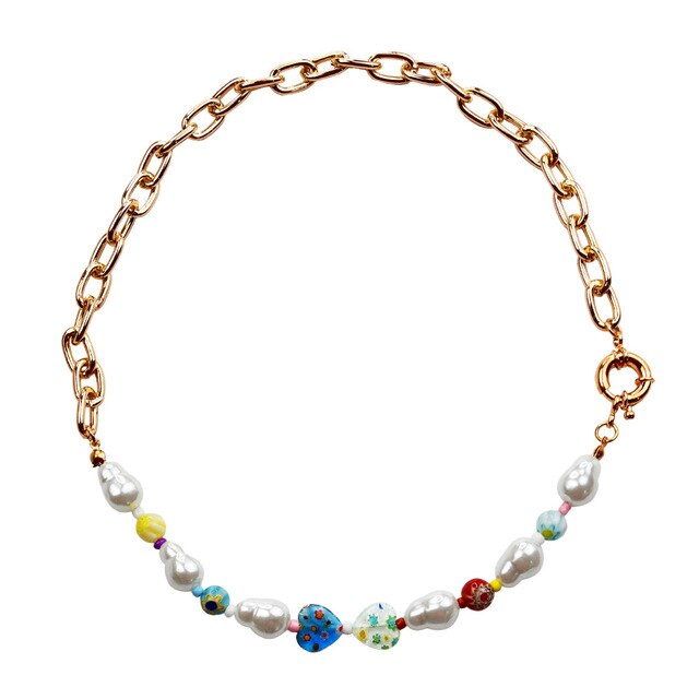 HangZhi 2021 Colorful Enamel Daisy Flower Beads Pearl Necklace Stacking Choker Necklace for Women Girls Boho Jewelry
