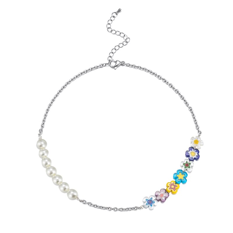 HangZhi 2021 Colorful Enamel Daisy Flower Beads Pearl Necklace Stacking Choker Necklace for Women Girls Boho Jewelry