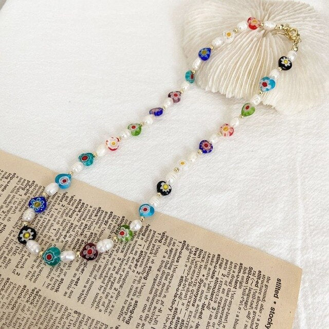 HangZhi 2021 Colorful Enamel Daisy Flower Beads Pearl Necklace Stacking Choker Necklace for Women Girls Boho Jewelry