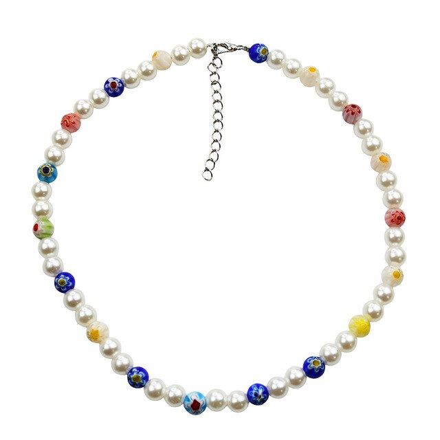 HangZhi 2021 Colorful Enamel Daisy Flower Beads Pearl Necklace Stacking Choker Necklace for Women Girls Boho Jewelry