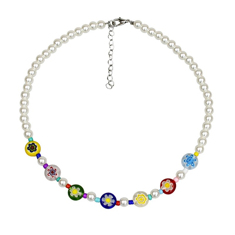HangZhi 2021 Colorful Enamel Daisy Flower Beads Pearl Necklace Stacking Choker Necklace for Women Girls Boho Jewelry