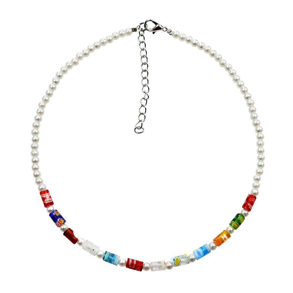HangZhi 2021 Colorful Enamel Daisy Flower Beads Pearl Necklace Stacking Choker Necklace for Women Girls Boho Jewelry
