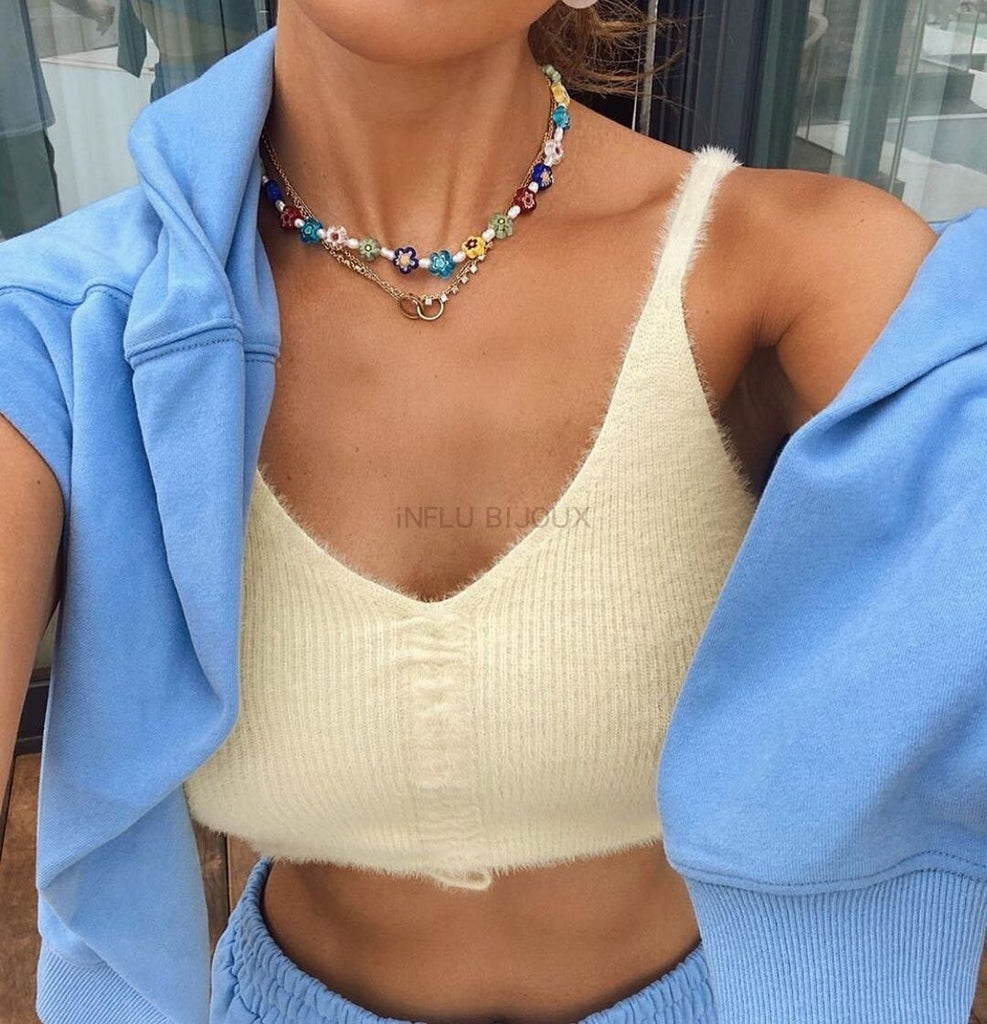 HangZhi 2021 Colorful Enamel Daisy Flower Beads Pearl Necklace Stacking Choker Necklace for Women Girls Boho Jewelry