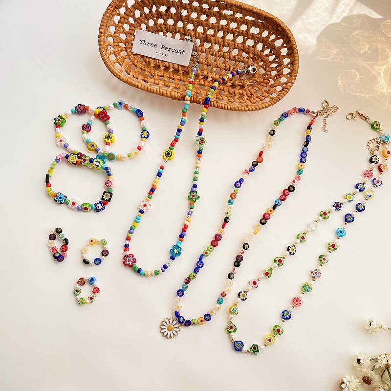 HangZhi 2021 Colorful Enamel Daisy Flower Beads Pearl Necklace Stacking Choker Necklace for Women Girls Boho Jewelry