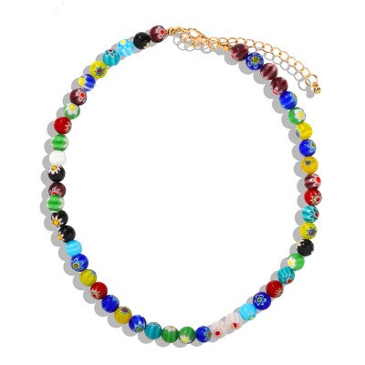 HangZhi 2021 Colorful Enamel Daisy Flower Beads Pearl Necklace Stacking Choker Necklace for Women Girls Boho Jewelry