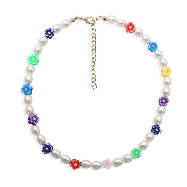 HangZhi 2021 Colorful Enamel Daisy Flower Beads Pearl Necklace Stacking Choker Necklace for Women Girls Boho Jewelry