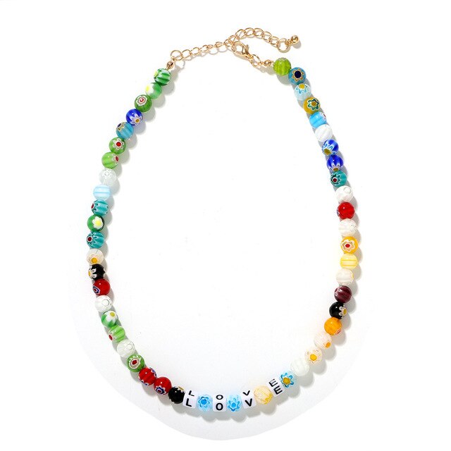 HangZhi 2021 Colorful Enamel Daisy Flower Beads Pearl Necklace Stacking Choker Necklace for Women Girls Boho Jewelry