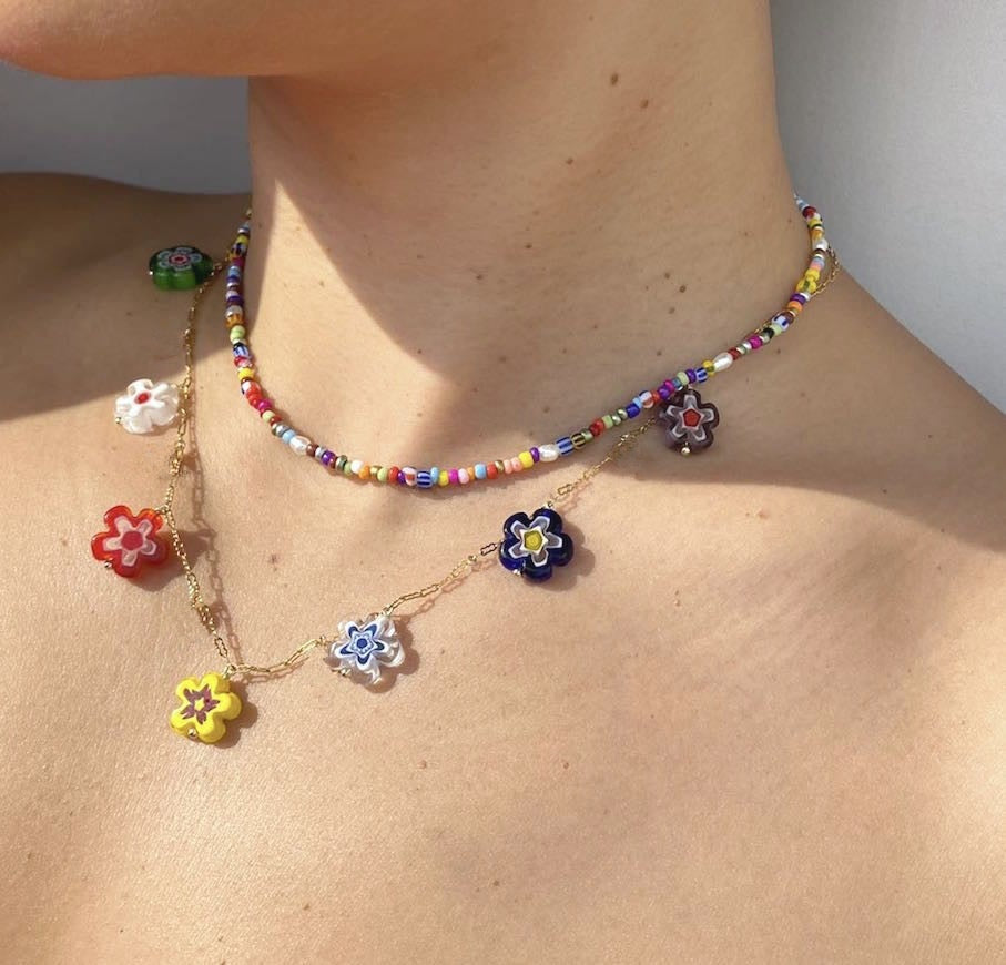 HangZhi 2021 Colorful Enamel Daisy Flower Beads Pearl Necklace Stacking Choker Necklace for Women Girls Boho Jewelry