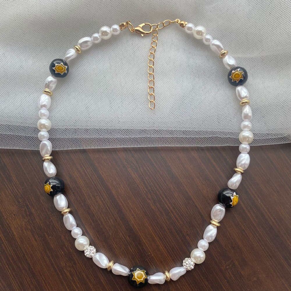 HangZhi 2021 Colorful Glaze Daisy Flower Pearl Necklace Metal Beads Choker Chain for Women Girls Party Jewelry Gifts