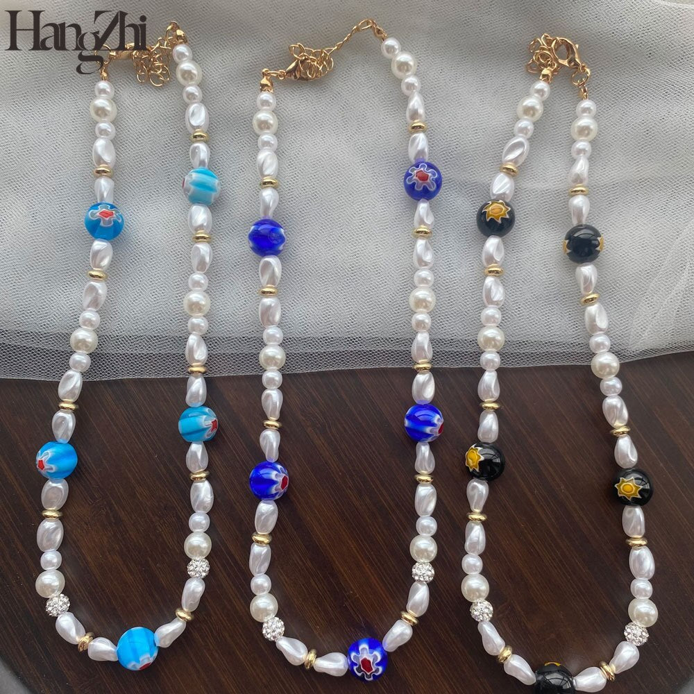 HangZhi 2021 Colorful Glaze Daisy Flower Pearl Necklace Metal Beads Choker Chain for Women Girls Party Jewelry Gifts
