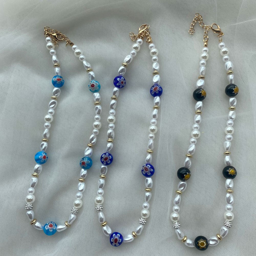 HangZhi 2021 Colorful Glaze Daisy Flower Pearl Necklace Metal Beads Choker Chain for Women Girls Party Jewelry Gifts