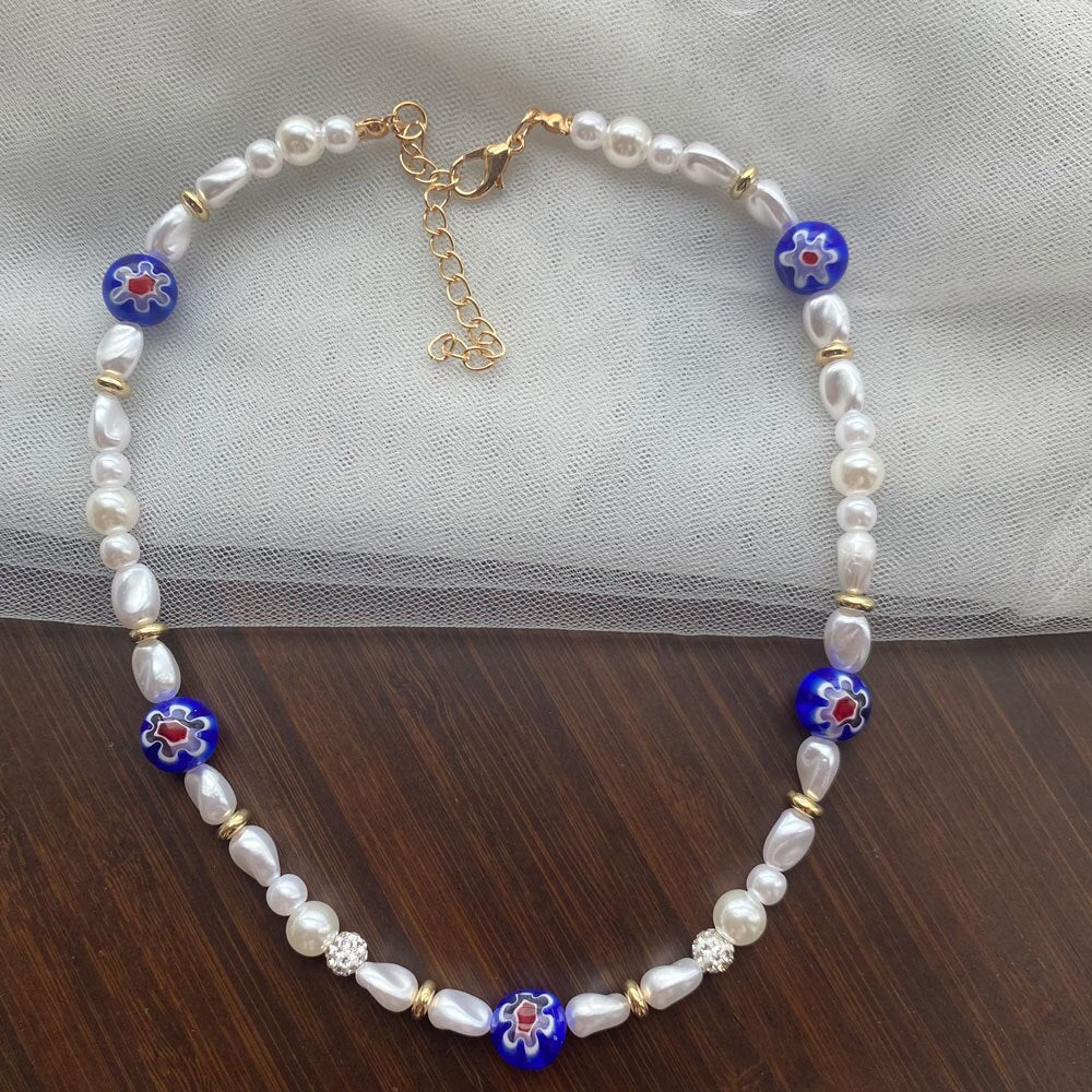 HangZhi 2021 Colorful Glaze Daisy Flower Pearl Necklace Metal Beads Choker Chain for Women Girls Party Jewelry Gifts