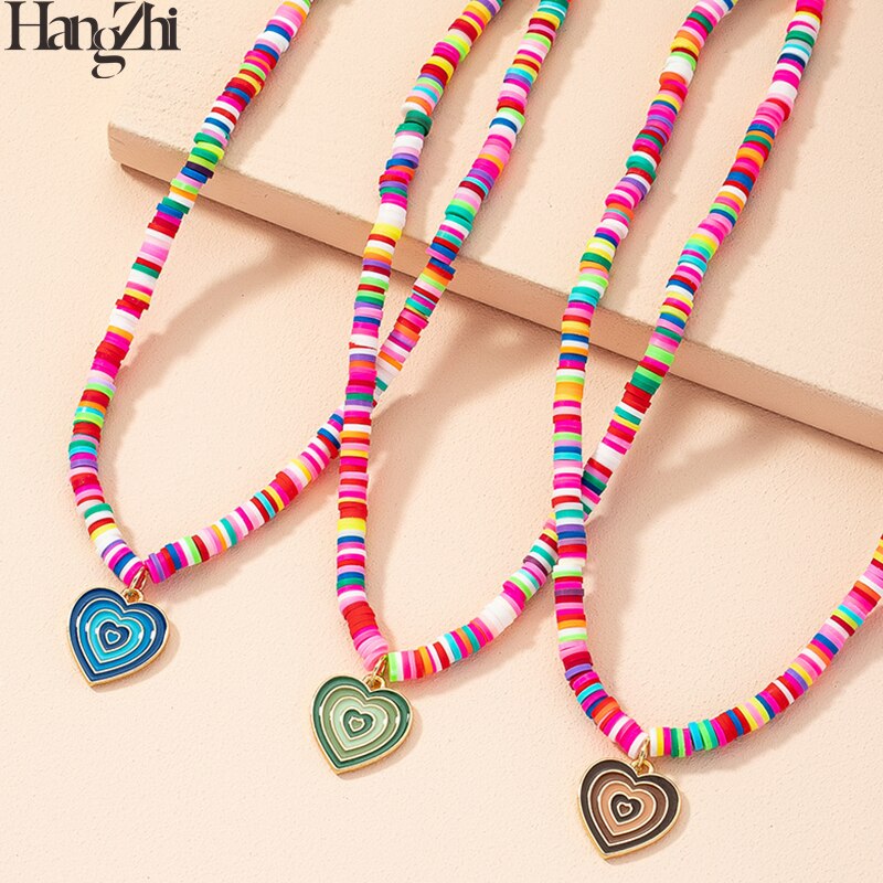 HangZhi 2022 Colorful Glazed Heart Pendant Necklace for Women Simple Jewelry Summer Vacation Pink Soft Pottery Necklace