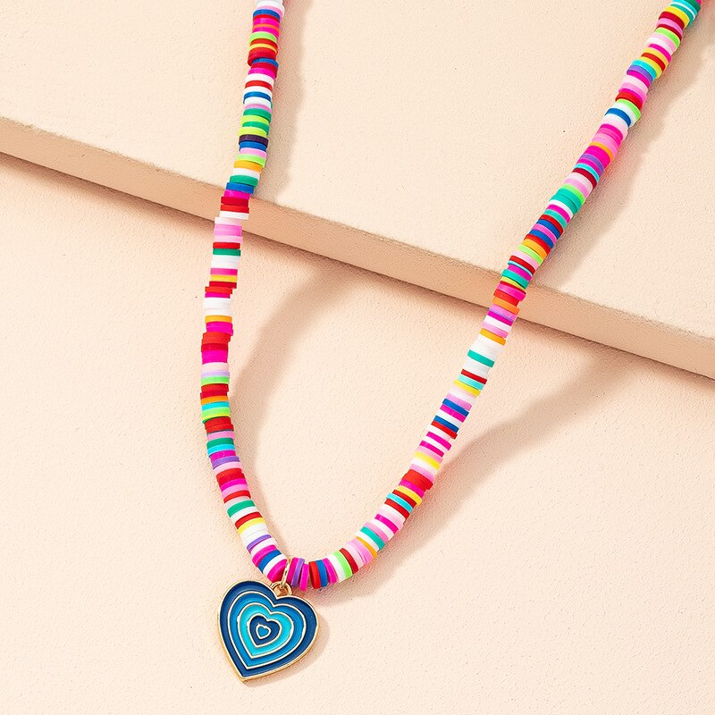 HangZhi 2022 Colorful Glazed Heart Pendant Necklace for Women Simple Jewelry Summer Vacation Pink Soft Pottery Necklace