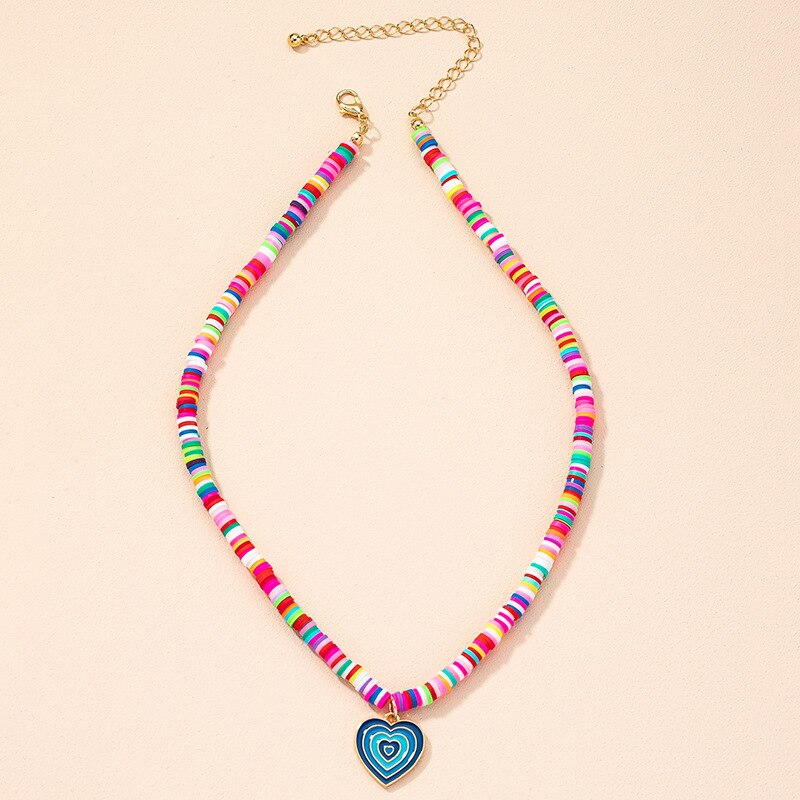 HangZhi 2022 Colorful Glazed Heart Pendant Necklace for Women Simple Jewelry Summer Vacation Pink Soft Pottery Necklace