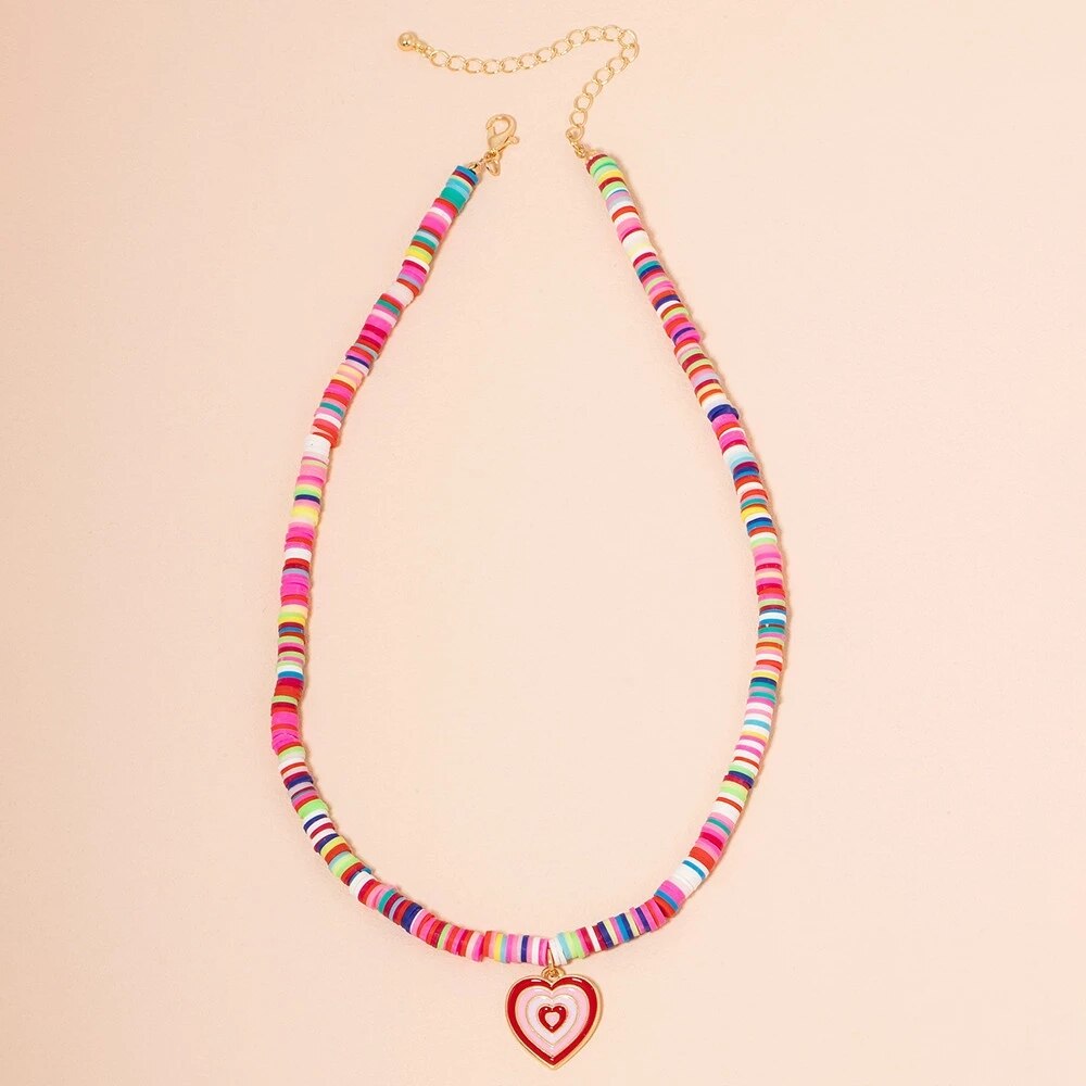 HangZhi 2022 Colorful Glazed Heart Pendant Necklace for Women Simple Jewelry Summer Vacation Pink Soft Pottery Necklace