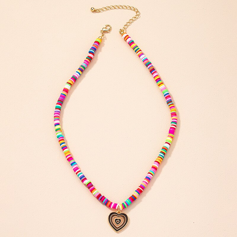 HangZhi 2022 Colorful Glazed Heart Pendant Necklace for Women Simple Jewelry Summer Vacation Pink Soft Pottery Necklace