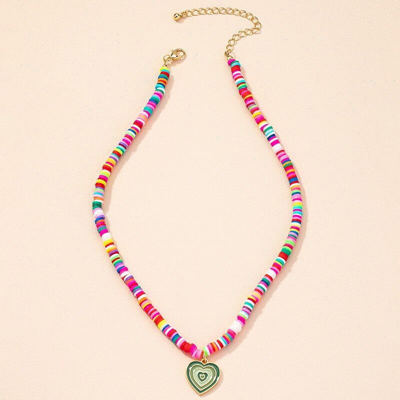 HangZhi 2022 Colorful Glazed Heart Pendant Necklace for Women Simple Jewelry Summer Vacation Pink Soft Pottery Necklace