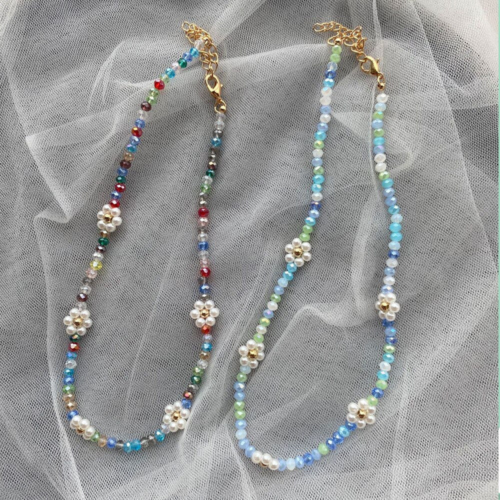 HangZhi 2021 Korea Colorful Flowers Crystal Pearl Beaded Trendy Necklace Clavicle Chain for Women Summer Party Jewelry