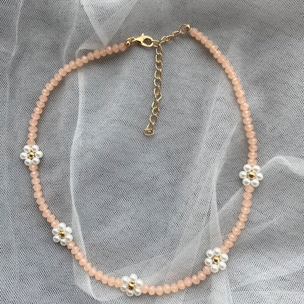 HangZhi 2021 Korea Colorful Flowers Crystal Pearl Beaded Trendy Necklace Clavicle Chain for Women Summer Party Jewelry