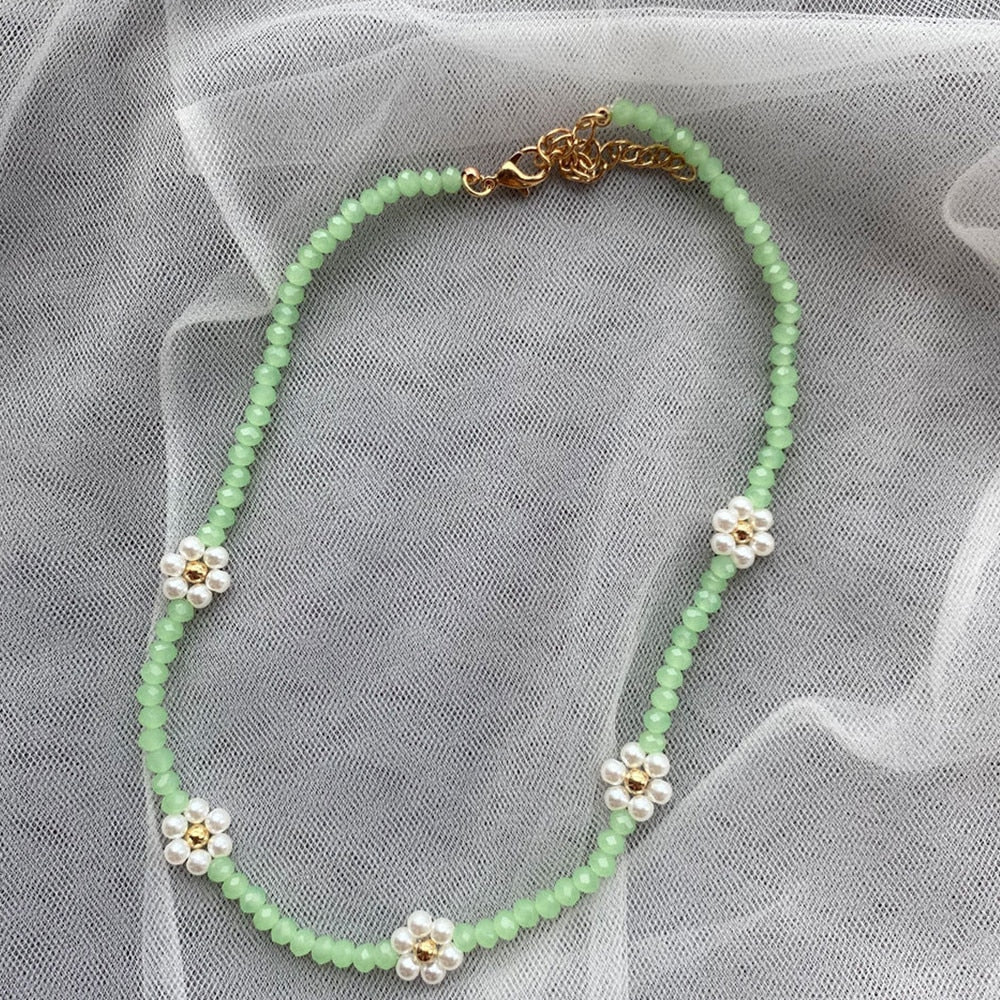 HangZhi 2021 Korea Colorful Flowers Crystal Pearl Beaded Trendy Necklace Clavicle Chain for Women Summer Party Jewelry