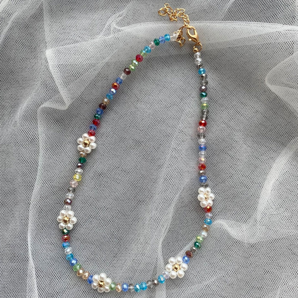 HangZhi 2021 Korea Colorful Flowers Crystal Pearl Beaded Trendy Necklace Clavicle Chain for Women Summer Party Jewelry