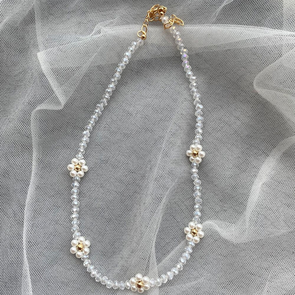 HangZhi 2021 Korea Colorful Flowers Crystal Pearl Beaded Trendy Necklace Clavicle Chain for Women Summer Party Jewelry