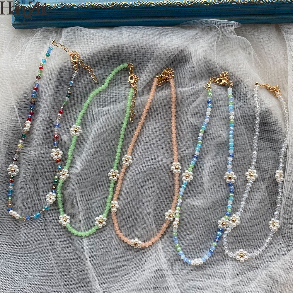 HangZhi 2021 Korea Colorful Flowers Crystal Pearl Beaded Trendy Necklace Clavicle Chain for Women Summer Party Jewelry