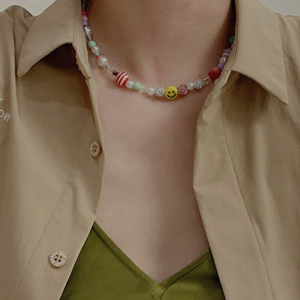 HangZhi 2021 Korean Colorful Rhinestones Transparent Acrylic Resin Round Beaded Necklace Choker Party Jewelry for Women