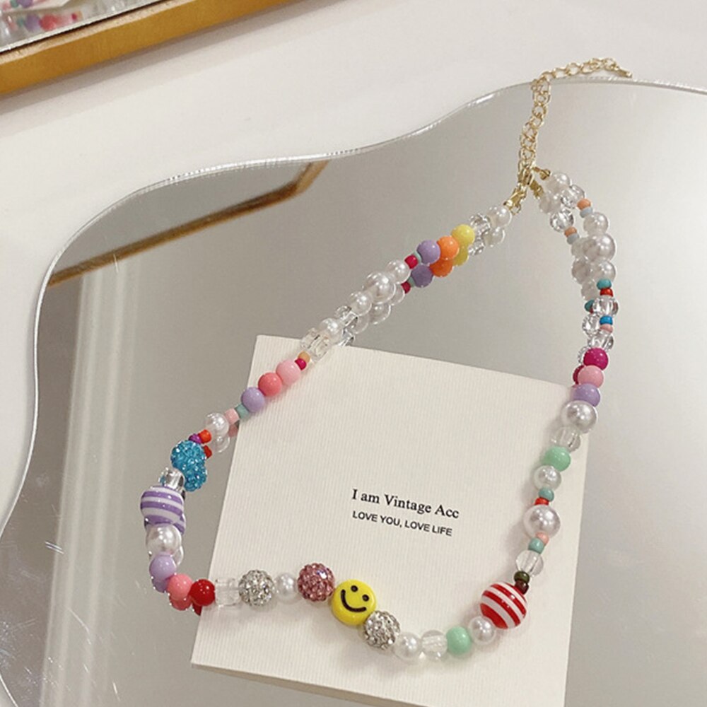 HangZhi 2021 Korean Colorful Rhinestones Transparent Acrylic Resin Round Beaded Necklace Choker Party Jewelry for Women