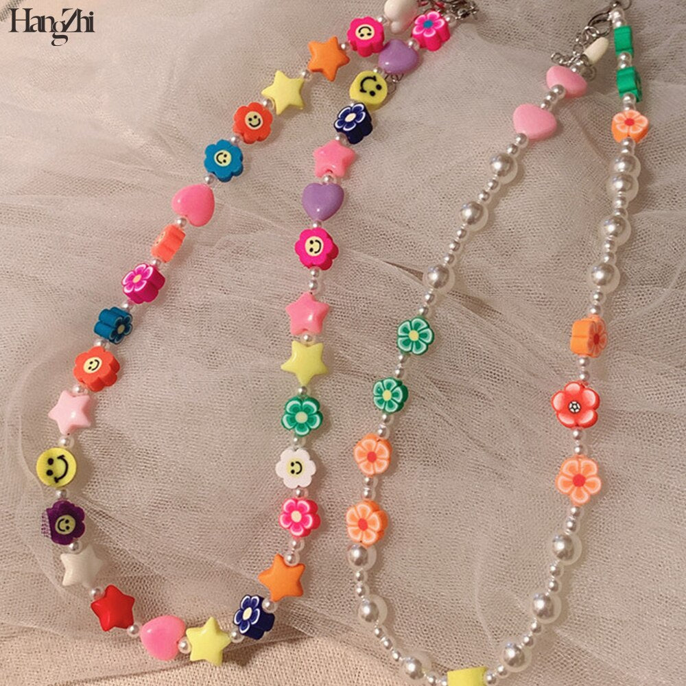 HangZhi 2021 Korean Cute Flower Smile Face Pearl Soft Pottery Resin Necklace Clavicle Choker for Women Girls Jewelry