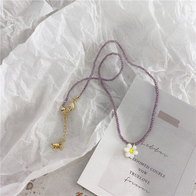 HangZhi 2022 Korean Sweet Colorful Acrylic Flower Little Daisy Pendant Bohemia Beaded Necklace for Women Party Jewellery