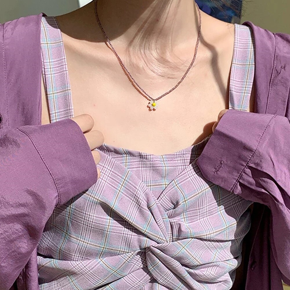 HangZhi 2022 Korean Sweet Colorful Acrylic Flower Little Daisy Pendant Bohemia Beaded Necklace for Women Party Jewellery