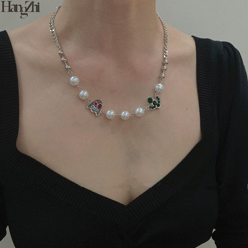 HangZhi 2021 Lovely Ghost Cactus Rhinestones Pearl Silver Color Link Chain Hip Hop Necklace Halloween Choker Party Jewelry