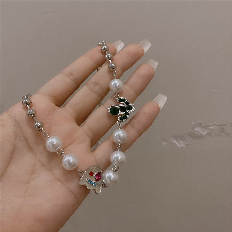 HangZhi 2021 Lovely Ghost Cactus Rhinestones Pearl Silver Color Link Chain Hip Hop Necklace Halloween Choker Party Jewelry