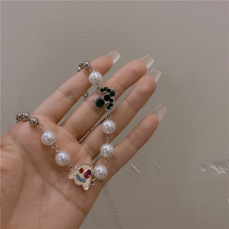 HangZhi 2021 Lovely Ghost Cactus Rhinestones Pearl Silver Color Link Chain Hip Hop Necklace Halloween Choker Party Jewelry