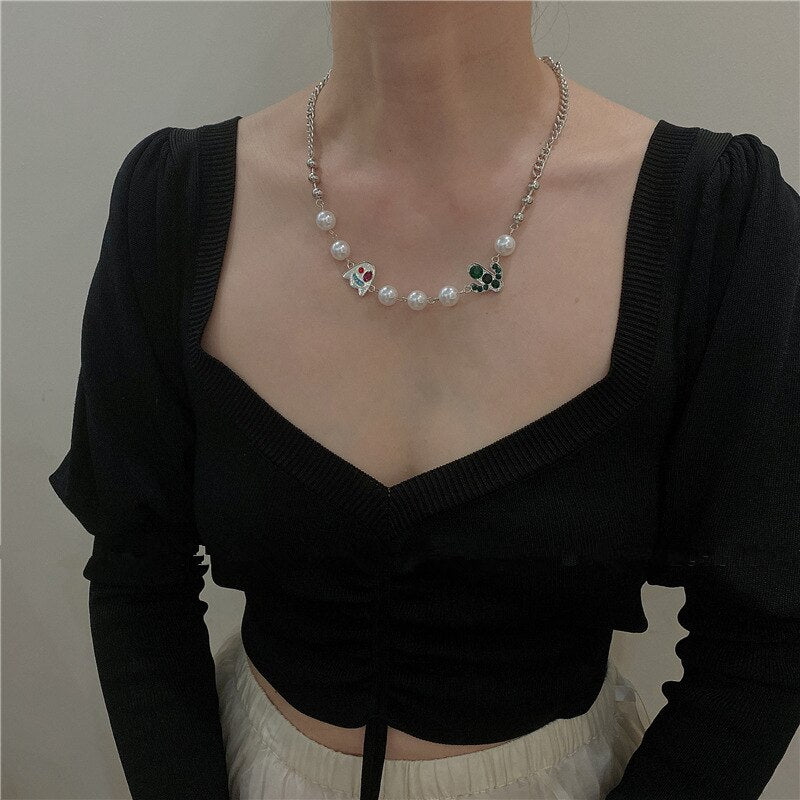 HangZhi 2021 Lovely Ghost Cactus Rhinestones Pearl Silver Color Link Chain Hip Hop Necklace Halloween Choker Party Jewelry