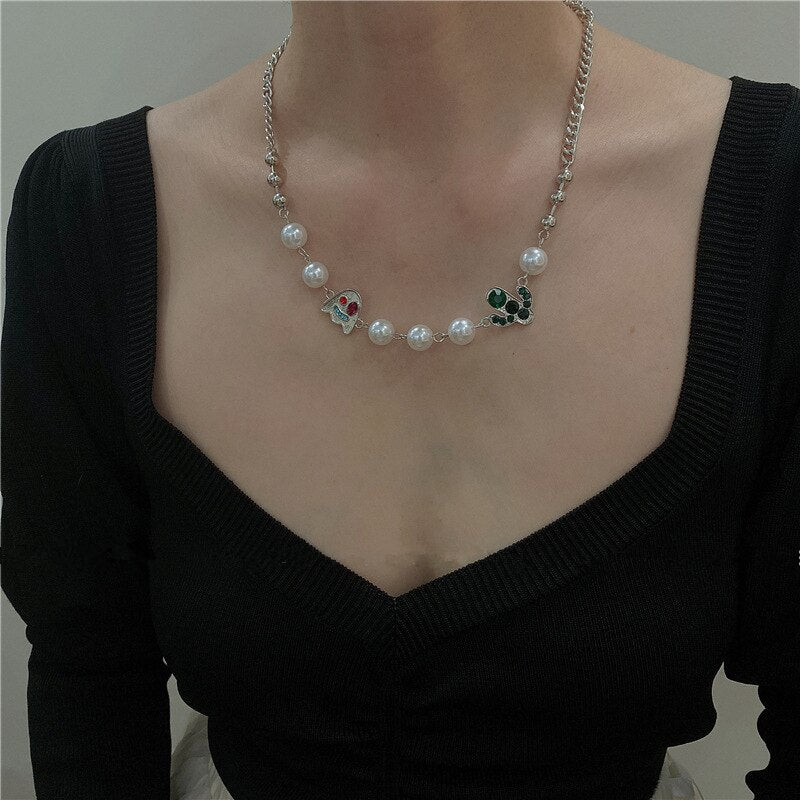 HangZhi 2021 Lovely Ghost Cactus Rhinestones Pearl Silver Color Link Chain Hip Hop Necklace Halloween Choker Party Jewelry
